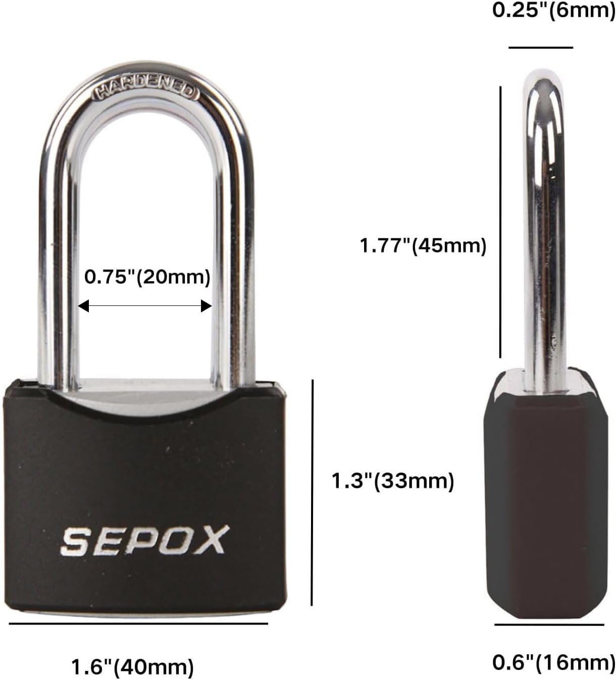 SEPOX® 1-9/16 All-Weather Outdoor Padlocks Keyed Alike, 1-3/4 Long Shackle, Solid Steel Lock, Heavy-Duty with Black Cover, Design for Gate Fence Cabinet Toolbox School Gym Locker with 2pcs Same Key